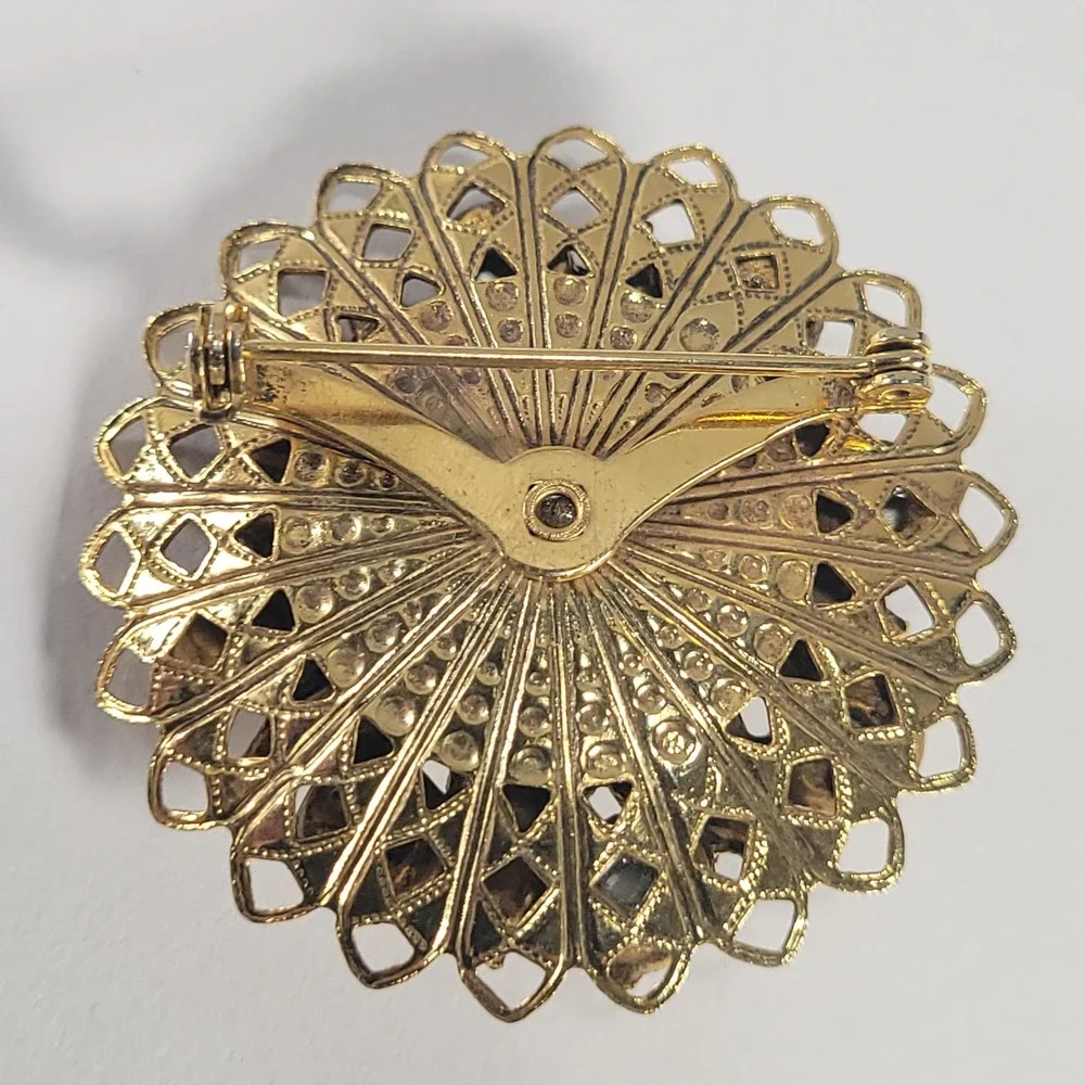 Victorian Revival Brooch Gold Tone Blue Red Faux Sapphire Rhinestones Filigree